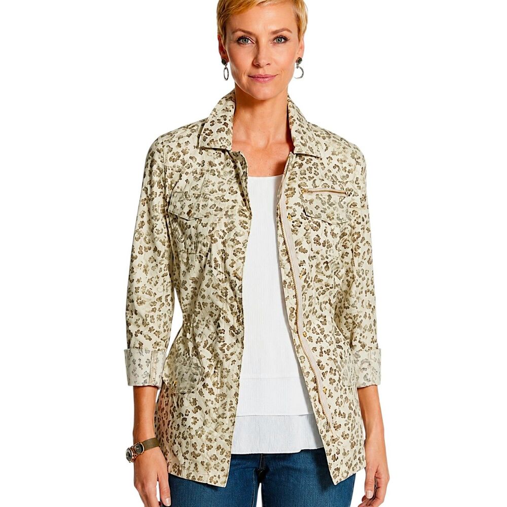 Chico's Jacket Size 0 (4) Lightweight Utility Green Leopard